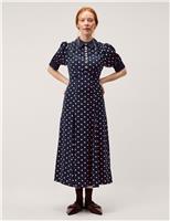 Monsoon Polka Dot Embellished Midi Tea Dress Navy Mix