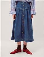 Monsoon Denim Button Front Midi Skirt Mid Blue