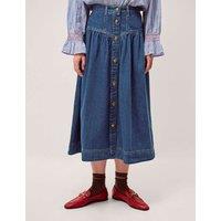Monsoon Denim Button Front Midi Skirt Mid Blue