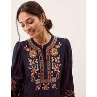 Monsoon Embroidered Midi Smock Dress Navy