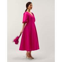 Monsoon V-Neck Puff Sleeve Midi Skater Dress Pink