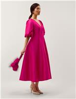 Monsoon V-Neck Puff Sleeve Midi Skater Dress Pink