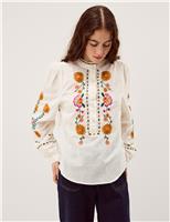 Monsoon Pure Cotton Embroidered High Neck Top White