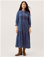 Monsoon Denim Embroidered Midi Tiered Dress Blue