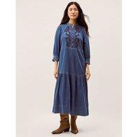 Monsoon Denim Embroidered Midi Tiered Dress Blue