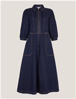 Denim Zip Front Midi Skater Dress