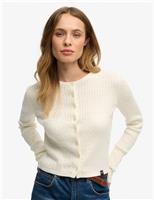 Superdry & Co Pure Cotton Cable Knit Crew Neck Cardigan White