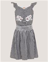 Pure Cotton Gingham Floral Embroidery Dress (7-15 Yrs)