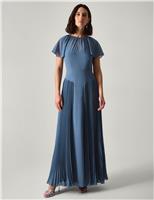 Pleated Angel Sleeve Maxi Skater Dress