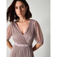 Monsoon V-Neck Sheer Sleeve Maxi Column Dress Dark Green