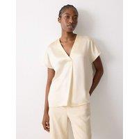 Jigsaw Satin V-Neck Pleat Front Relaxed Blouse Light Cream