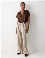 Jigsaw Satin V-Neck Pleat Front Relaxed Blouse Light Cream