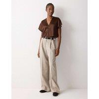 Jigsaw Satin V-Neck Pleat Front Relaxed Blouse Brown