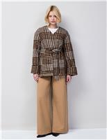 Checked Belted Wrap Coat with Wool