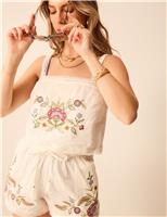 ACCESSORIZE Cotton Rich Embroidered Cami Top with Linen Ivory