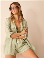 ACCESSORIZE Pure Cotton Striped Longline Beach Shirt Green