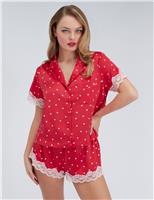 Amelia Satin Valentines Heart Lace Trim Shortie Set