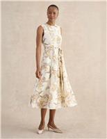 Linen Blend Printed Midi Skater Dress