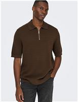 ONLY & SONS Pure Cotton Textured Knitted Polo Shirt Brown