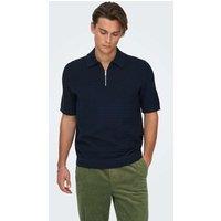 ONLY & SONS Pure Cotton Textured Knitted Polo Shirt Navy