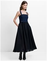Denim Square Neck Strappy Midi Skater Dress
