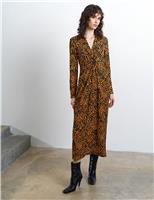 Animal Print Textured Collared Midi Column Dress