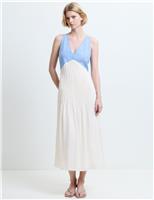 French Connection Pure Cotton Colour Block Midi Skater Dress Light Blue Mix