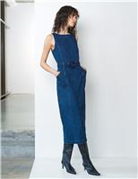 French Connection Denim Slash Neck Belted Midi Column Dress Blue
