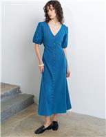 French Connection Pure Cotton Chambray Puff Sleeve Midi Dress Denim