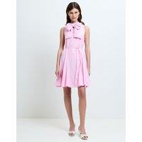 French Connection Cotton Blend Tie Neck Pleated Mini Skater Dress Pink