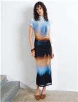 French Connection Mesh Ombre High Neck Midi Column Dress Multi