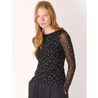 Whistles Jersey Polka Dot Ruched Slash Neck Top Black Mix