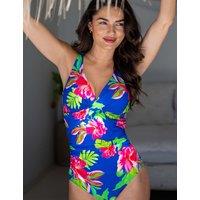 Pour Moi Free Spirit Twist Front Ruched Tummy Control Swimsuit Blue Mix