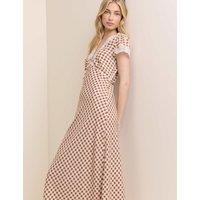 Nobody's Child Checked V-Neck Lace Insert Midi Tea Dress Brown