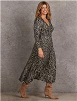 Live Unlimited London Feather Print Puff Sleeve Midaxi Wrap Dress Black Mix