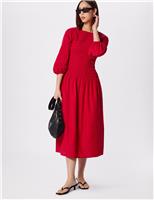Round Neck Midi Shirred Dress with Cotton
