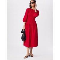 Whistles Round Neck Midi Shirred Dress with Cotton Red