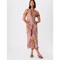 Whistles Orchid Print Scarf Detail Midi Dress Pink Mix