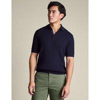 Charles Tyrwhitt Pure Cotton Cable Knitted Polo Shirt Indigo