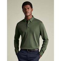 Charles Tyrwhitt Pure Cotton Jersey Long Sleeve Polo Shirt Olive