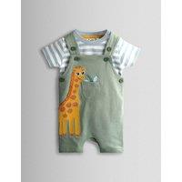 JoJo Maman Bb 2 Piece Pure Cotton Dungarees & T-Shirt Set Khaki