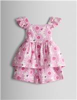 JoJo Maman Bb 2 Piece Floral Frill Detail Top & Shorts Set (6 Mths-9 Yrs) Bright Pink