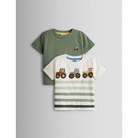JoJo Maman Bb 2 Pack Pure Cotton Tractor T-Shirts (0 Mths - 7 Yrs) Khaki