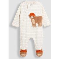 JoJo Maman Bb Pure Cotton Highland Cow Zip Sleepsuit (7lbs-18 Mths) Natural Mix