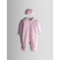 JoJo Maman Bb 2 Piece Pure Cotton Embroidered Sleepsuit with Hat (7lbs-18 Mths) Pink Mix