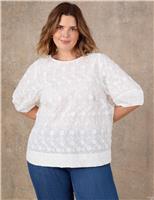 Live Unlimited London Pure Cotton Floral Tapered Sleeve Top White