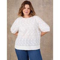 Live Unlimited London Pure Cotton Floral Tapered Sleeve Top White