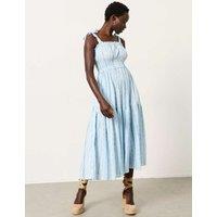 FatFace Pure Cotton Striped Midi Waisted Dress Blue Mix