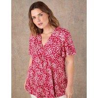 Live Unlimited London Ditsy Floral V-Neck Pleat Detail Top Red Mix