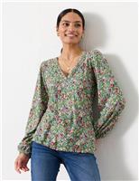 Pure Cotton Disty Floral V-Neck Blouse
